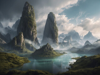 mystical mountains, fantasy landscape, generative ai