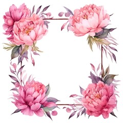 frame of watercolor peony flowers and leaves on white background.