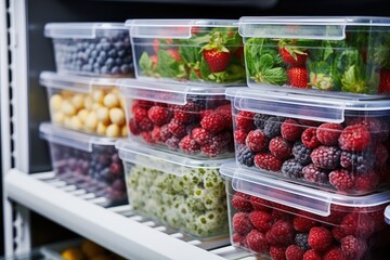 Frozen fruit in plastic boxes in the refrigerator