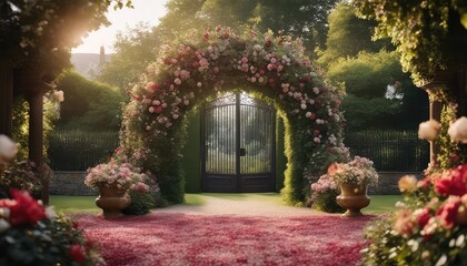 Obraz premium Wedding backdrop, eXtravagant floral arch gate backdrop in English Garden, front view, traditional English house in the background, wide angle, photography backdrop, maternity backdrop, path, doorway