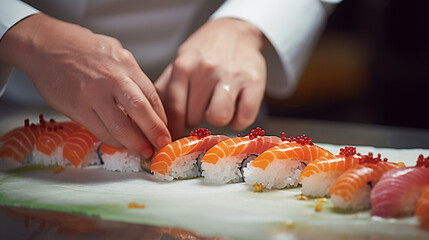 close up of hands of professional chef preparing sushi and rolls in restaurant kitchen.Generative AI - obrazy, fototapety, plakaty
