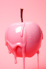 Obraz premium Pink apple with pink dripping liquid. Monochromatic pink color. 