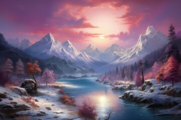 Winter Sunrise over Mountains - Generative AI