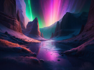 Illuminated Mountain Landscape with Aurora Polaris and Starry Sky, generative ai.