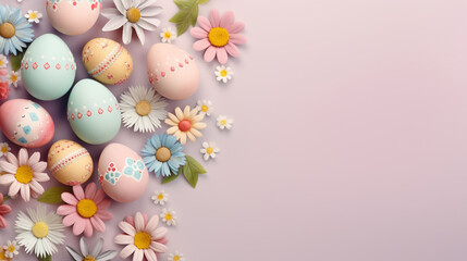 Obraz na płótnie Canvas Happy Easter. Easter eggs and flowers on backgrounds. Place for text.Generative AI