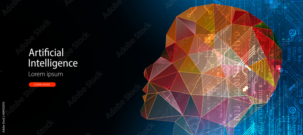 Poster ai, artificial intelligence. robotics concept. human face made from polygon. hand drawn vector illus