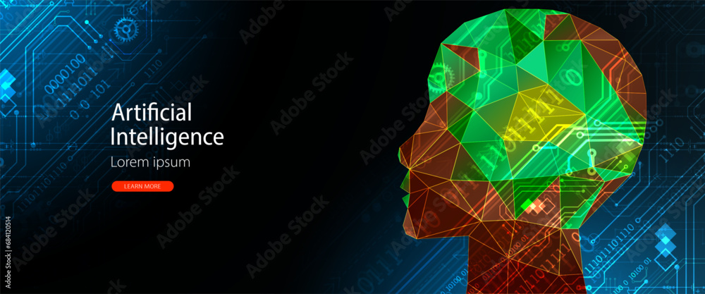 Poster ai, artificial intelligence. robotics concept. human face made from polygon. hand drawn vector illus