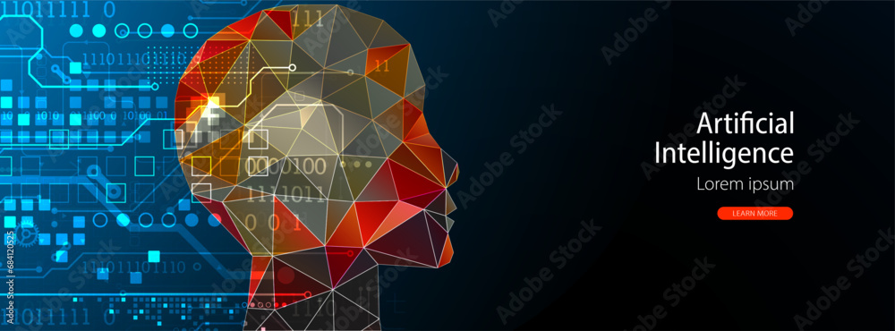 Poster ai, artificial intelligence. robotics concept. human face made from polygon. hand drawn vector illus