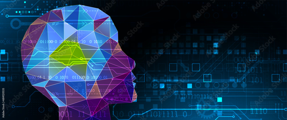 Poster ai, artificial intelligence. robotics concept. human face made from polygon. hand drawn vector illus