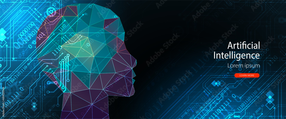 Poster ai, artificial intelligence. robotics concept. human face made from polygon. hand drawn vector illus