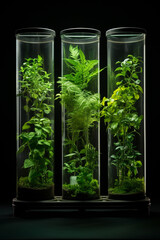 Many green plants growing in test tubes with water. In-depth study.Generative AI