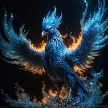 a blue fire bird flying through the air, blue phoenix bird. ai generative