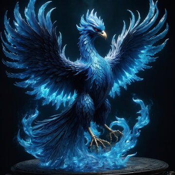 a blue fire bird flying through the air, blue phoenix bird. ai generative