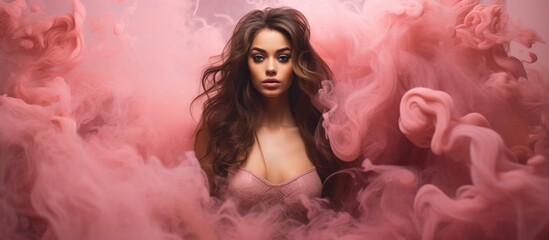 Portrait beautiful woman isolated pink smoke background. AI generated image