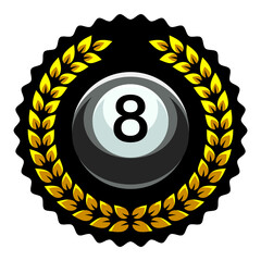 Billiard logo. Black ball color with the number eight and laurel wreath. 8. Pool game. Snooker.