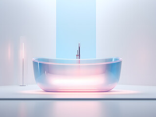 Modern colourful crystal bathroom interior with blue bathtub. 3d render illustration.