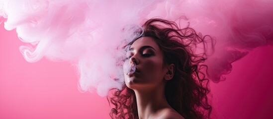 Portrait beautiful woman isolated pink smoke background. AI generated image - obrazy, fototapety, plakaty