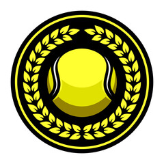 Tennis ball and laurel wreath. Sport games. Sporting equipment. Emblem, badge.