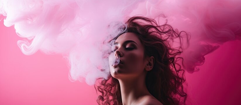 Portrait beautiful woman isolated pink smoke background. AI generated image