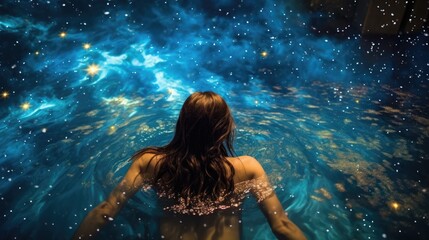 young woman bath in universe with stars,back view - obrazy, fototapety, plakaty