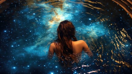 young woman bath in universe with stars,back view