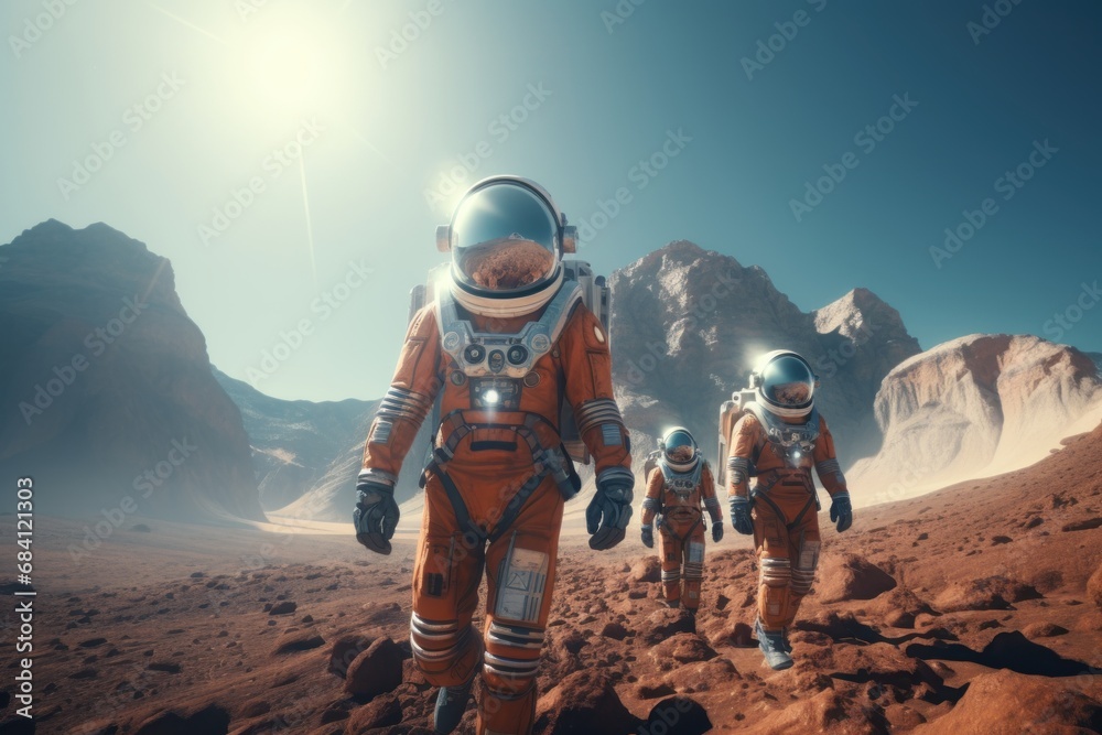 Canvas Prints a group of astronauts in spacesuits walk on the surface of the planet. space explorers, galaxies.