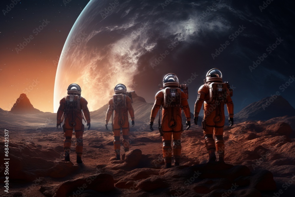 Wall mural a group of astronauts in spacesuits walk on the surface of the planet. space explorers, galaxies. re