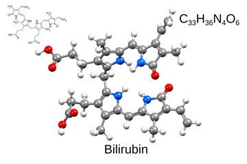 Chemical formula, skeletal formula, and 3D ball-and-stick model of bilirubin