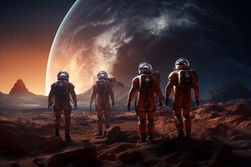 A group of astronauts in spacesuits walk on the surface of the Planet. Space explorers, Galaxies....
