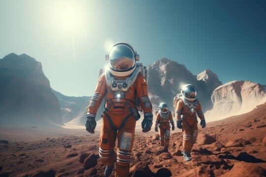 A group of astronauts in spacesuits walk on the surface of the Planet. Space explorers, Galaxies. 