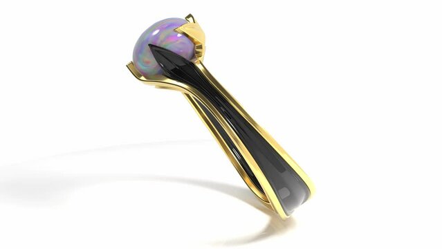 Gold ring with large opal and blackening. 3d animation