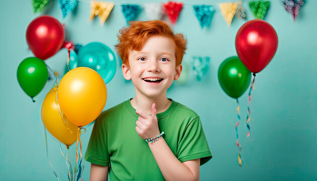 Portrait of a red-haired boy in a green T-shirt. Children's holiday, children's birthday