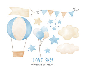 Watercolor adventure in sky element for kids Perfect for nursery Birthday party boy Print for invitation card Poster Template