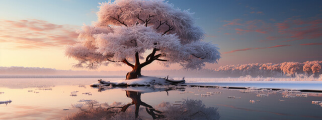 slowing down, good moments,  slow life, real moments, relax concept. beautiful tree on nature among the snow. banner - obrazy, fototapety, plakaty