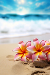 Fototapeta premium plumeria on a sandy beach, summer concept. sea, ocean.Generative AI