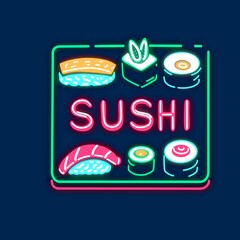 お寿司のネオンサイン風フラットイラスト