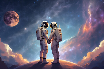 Astronaut couple holding each other's hands on space sky background, digital art style, illustration painting