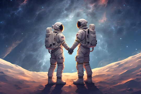 Astronaut couple holding each other's hands on space sky background, digital art style, illustration painting