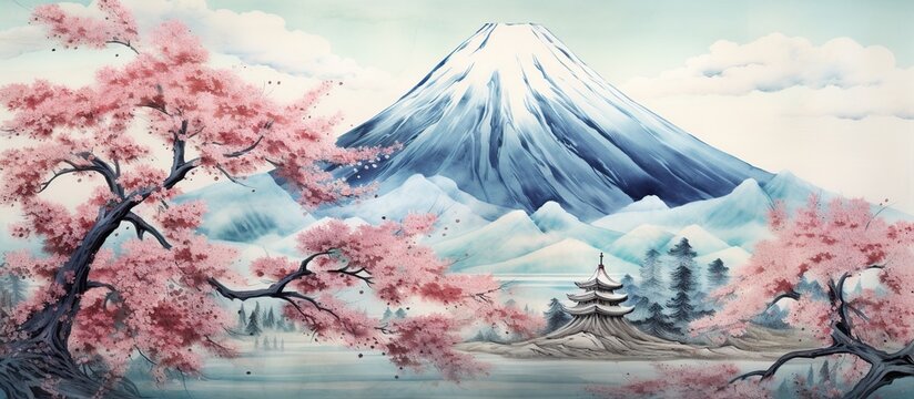 Fantasy drawing Mount of Fuji with lake and cherry blossom tree in sunny day. AI generated image