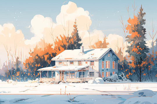 Christmas tree and house illustration on snow in winter