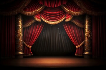 Theater stage with red curtains and spotlights, illustration, Generative AI 