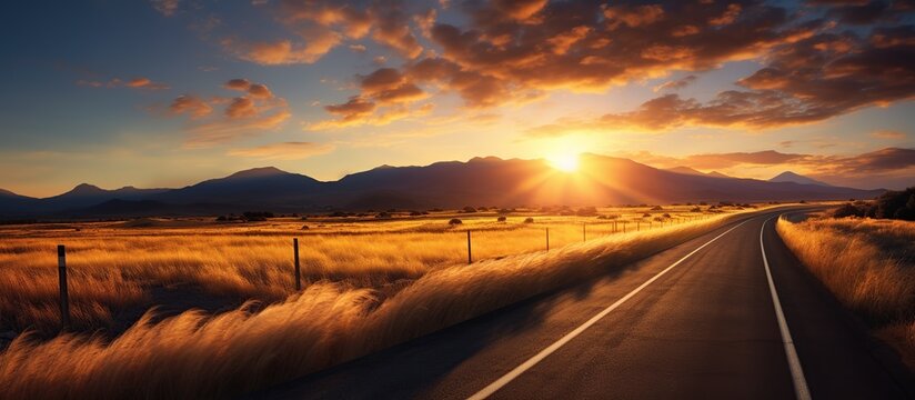 Long road surround by unique sunset sky landscape. AI generated image