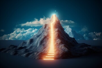 Path to success concept, with glowing light path going up the mountain illustration, Generative AI - obrazy, fototapety, plakaty