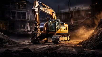 An excavator at a construction site with excavated material - obrazy, fototapety, plakaty