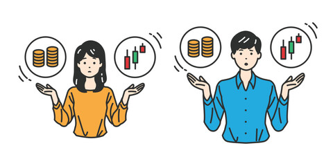 財務選択の天秤 - 貯金と投資のバランスを考える人物イラスト