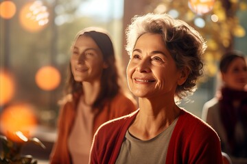 Fototapeta premium Elderly Women Embracing Serenity. Group Yoga Practice, health for older people