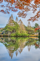 日本三代名園「兼六園」。金沢市を代表する観光スポットの紅葉。日本庭園と徽軫灯籠が見もの。