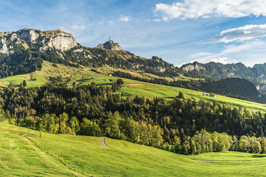 Hoher Kasten and Kamor in the Alpstein mountains, Bruelisau, Canton Appenzell Innerrhoden, Switzerland