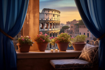 Landscape Scene of Colosseum at the sunset time, view from inside decorate home apartment, window and balcony view, holiday and tourist concept, Generative AI - 684126155