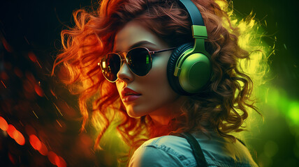 schöne Frau mit Sonnenbrille und Kopfhörer beim Musik hören in cooler sexy Pose. Gehalten in Neonfarben grün und rot orange bei dramatischem Licht + Lichteffekt. Querformat. Generative Ai. - obrazy, fototapety, plakaty
